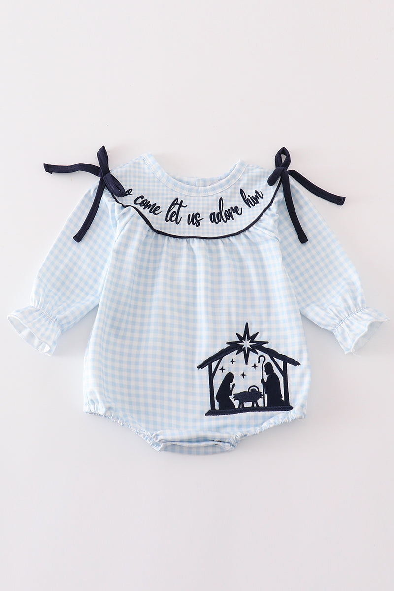 Navy plaid nativity embroidery girl bubble - ARIA KIDS