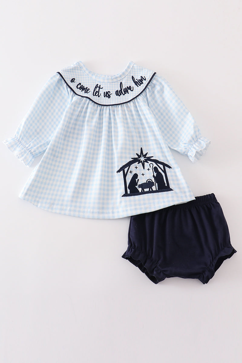 Navy plaid nativity embroidery girl bloomers set - ARIA KIDS