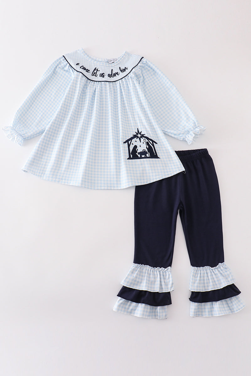 Navy plaid nativity embroidery girl set - ARIA KIDS