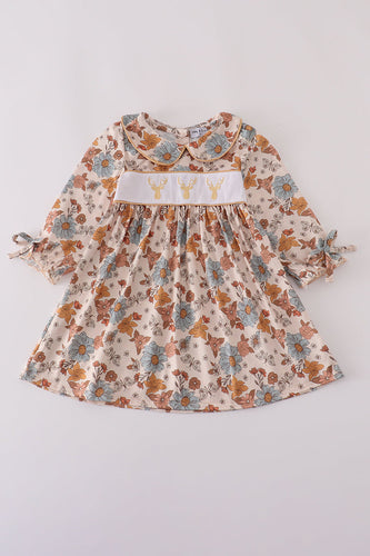 Khaki deer embroidery floral dress - ARIA KIDS