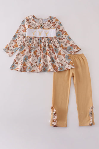 Khaki deer embroidery floral pants set - ARIA KIDS
