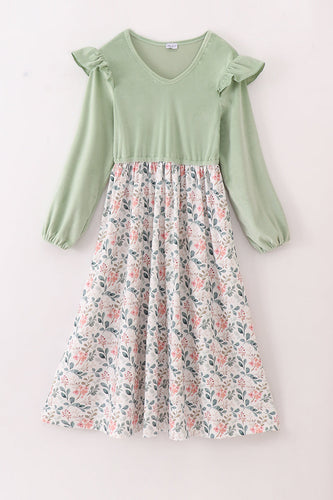 Sage floral print velvet ruffle mom dress - ARIA KIDS