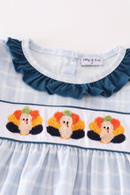 Teal thanksgiving turkey french knot plaid girl set