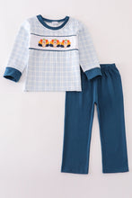 Teal thanksgiving turkey french knot plaid boy set