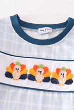 Teal thanksgiving turkey french knot plaid boy set