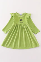Green velvet christmas charactor embroidery mom&me dress - ARIA KIDS