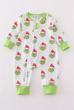 Green striped grinch print Zipper boy romper