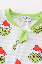 Green striped grinch print Zipper boy romper