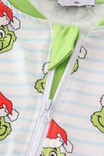 Green striped grinch print Zipper boy romper