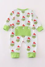 Green striped grinch print Zipper boy romper