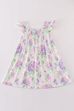 Purple hydragena print smocked girl dress - ARIA KIDS