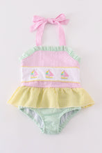 Seersucker sailboat embroidery girl swimsuit - ARIA KIDS