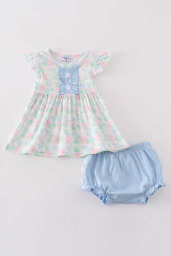 Blue floral bow print girl bloomer set - ARIA KIDS