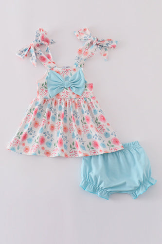 Blue floral print bow bloomer set - ARIA KIDS