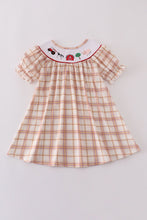 Khaki farm embroidery smocked plaid dress - ARIA KIDS