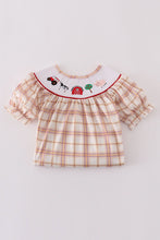 Khaki farm embroidery smocked plaid dress - ARIA KIDS