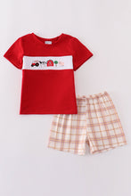 Khaki farm embroidery smocked plaid shorts set - ARIA KIDS