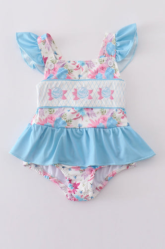 Blue floral embroidery one-piece swimsuit - ARIA KIDS