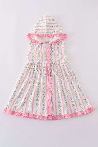 Pink floral print girl ruffle hoodie dress - ARIA KIDS