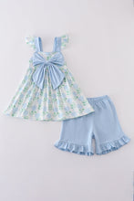Blue hydrangea print bow ruffle shorts set - ARIA KIDS
