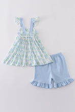 Blue hydrangea print bow ruffle shorts set - ARIA KIDS