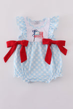 Blue flag embroidery bow gingham ruffle bubble - ARIA KIDS