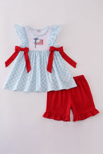 Blue flag embroidery bow gingham ruffle shorts set - ARIA KIDS
