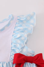 Blue flag embroidery bow gingham ruffle shorts set - ARIA KIDS
