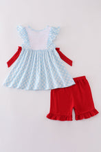 Blue flag embroidery bow gingham ruffle shorts set - ARIA KIDS