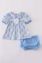 Blue toile garden bow bloomer set - ARIA KIDS