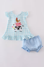 Blue farm applique plaid bloomer set - ARIA KIDS