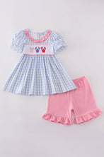 Blue character embroidery gingham ruffle shorts set - ARIA KIDS