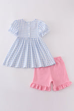Blue character embroidery gingham ruffle shorts set - ARIA KIDS