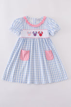 Blue character embroidery gingham ruffle dress - ARIA KIDS