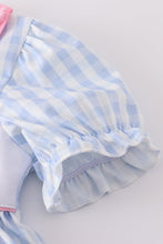 Blue character embroidery gingham ruffle dress - ARIA KIDS