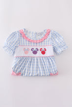 Blue character embroidery gingham ruffle dress - ARIA KIDS
