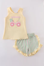 Yellow golf cart applique gingham ruffle set - ARIA KIDS