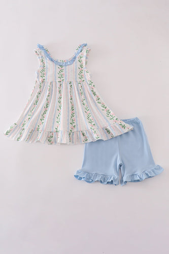 Blue floral print ruffle shorts set - ARIA KIDS