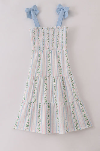 Blue floral print smocked women dress - ARIA KIDS
