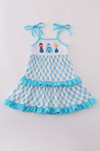 Blue character embroidery ruffle tiered dress - ARIA KIDS