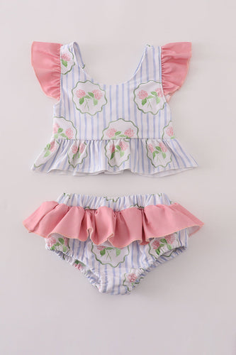 Floral stripe ruffle 2pc swimsuit UPF50+ - ARIA KIDS