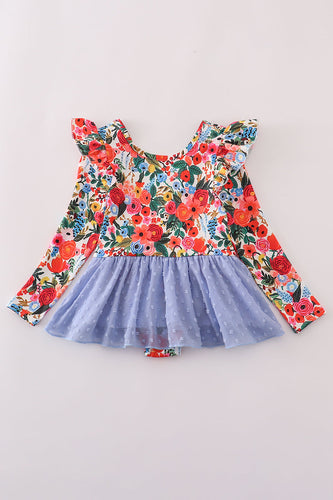 Blue floral swiss dot leotard - ARIA KIDS