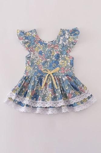 Blue floral lace ruffle leotard - ARIA KIDS