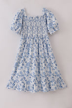 Blue smocked floral print mom dress - ARIA KIDS
