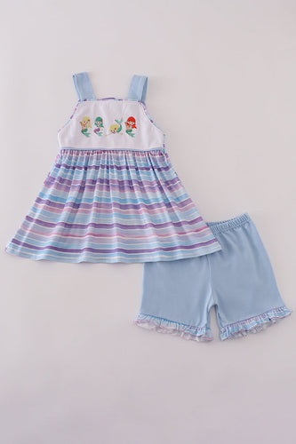 Purple stripe mermaid embroidery ruffle shorts set - ARIA KIDS