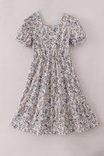 Blue vintage floral print tiered mom dress - ARIA KIDS
