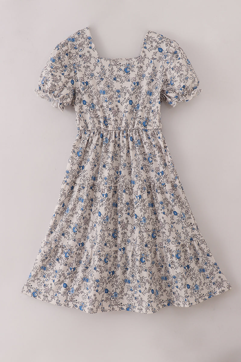 Blue vintage floral print tiered mom dress - ARIA KIDS