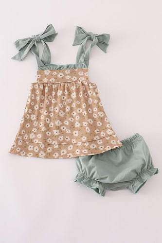 Mustard & mint floral print ruffle bloomer set - ARIA KIDS