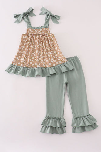 Mustard & mint floral print ruffle pants set - ARIA KIDS