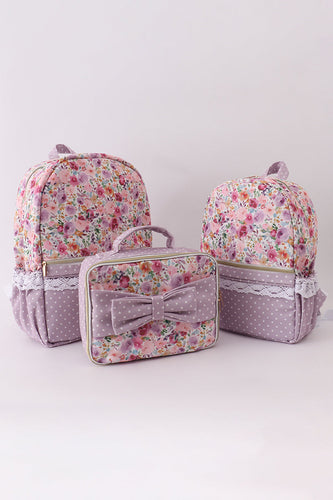 Purple floral print canvas ruffle backpack - ARIA KIDS
